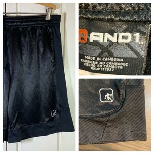 AND1 Mens XL Black Basketball Shorts‎ Shine Mesh Logo Drawstring 9" Inseam READ